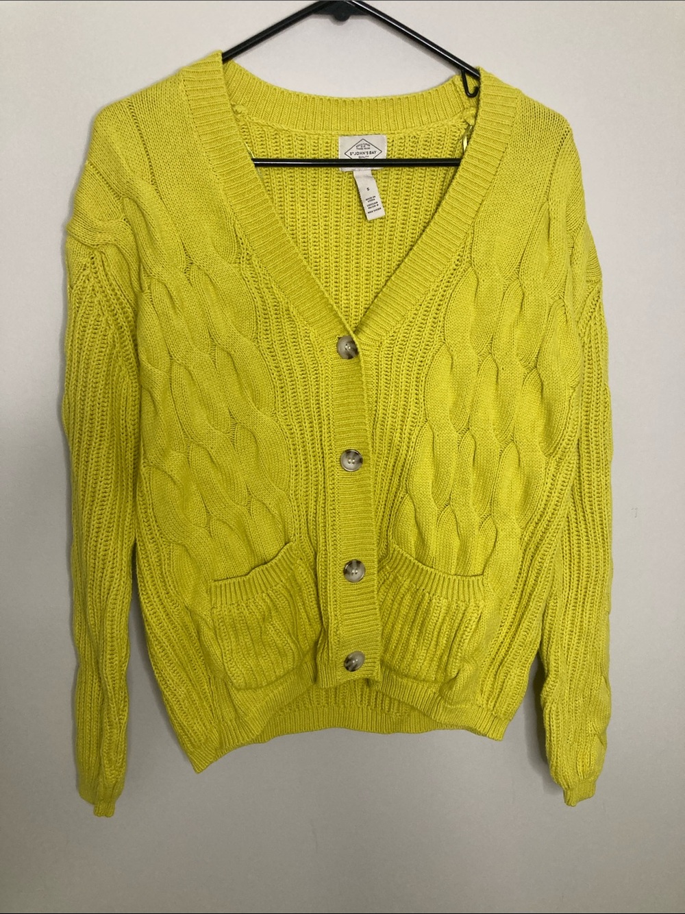St. John's Bay Neon Yellow Cable Knit V-Neck Cardigan S
